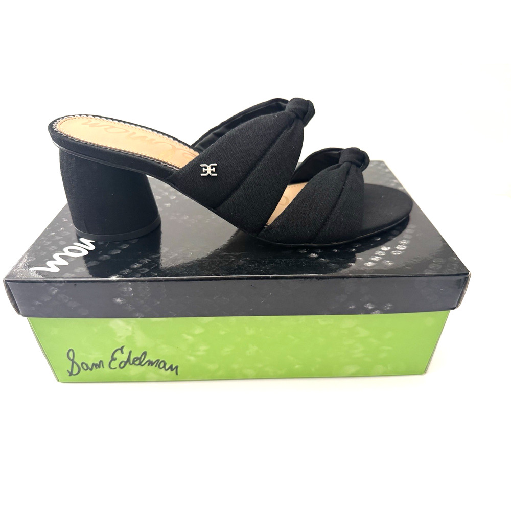 Sam Edelman Shilou Sandals 9.5M Black Linen Slip-On Slides Block Heels Knotted